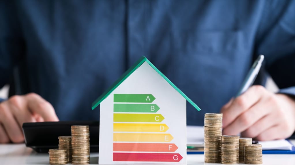 Person with house and money savings from energy audit