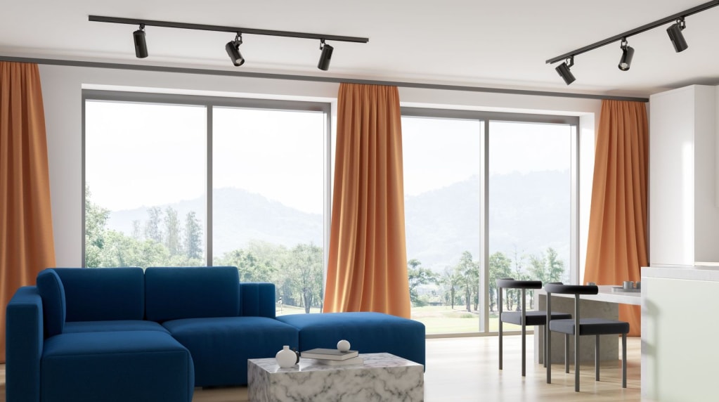 Track lighting on a ceiling