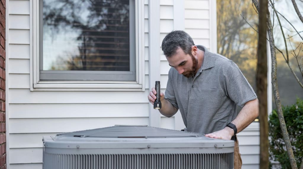 Electricians near me work with HVAC installers outside a house on an AC unit