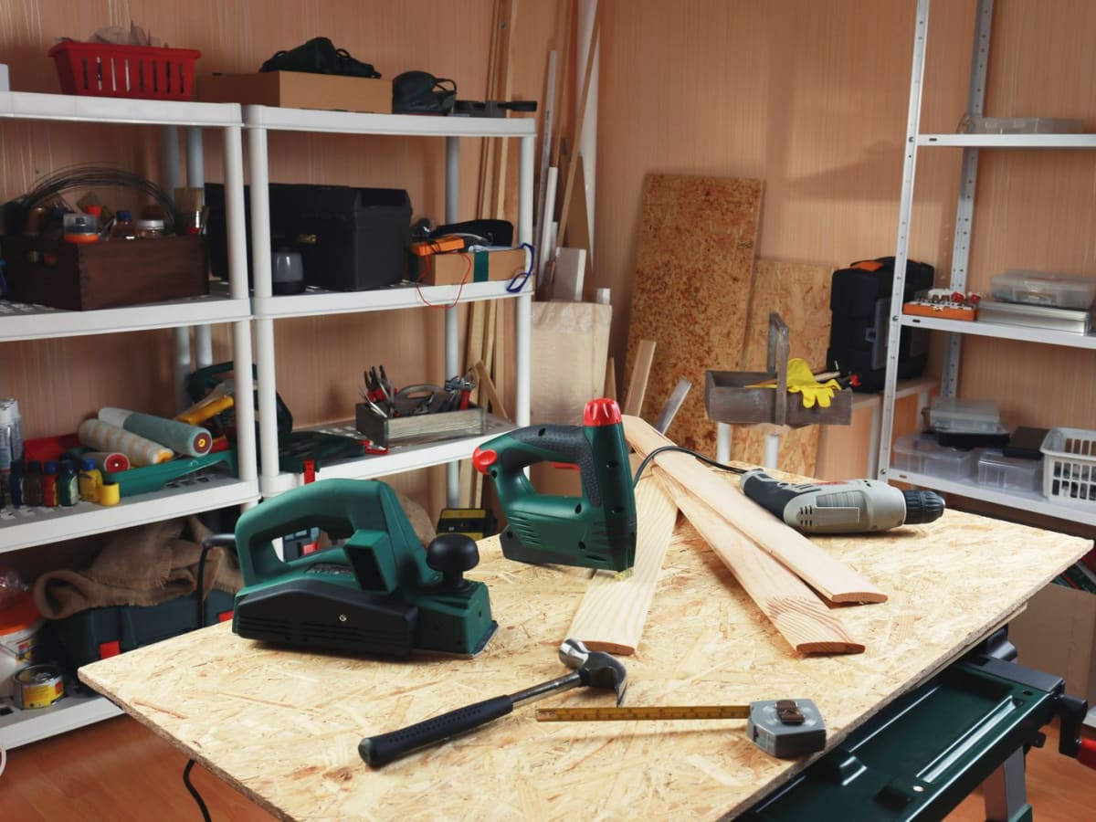 Electrical power tools in a garage workshop