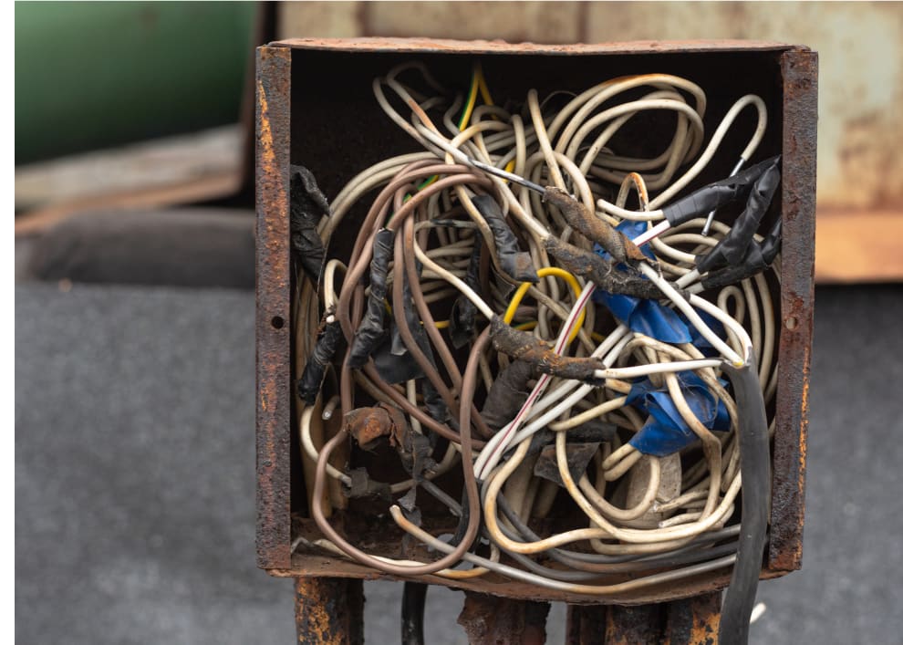 Breaker box with tangled and burned wires