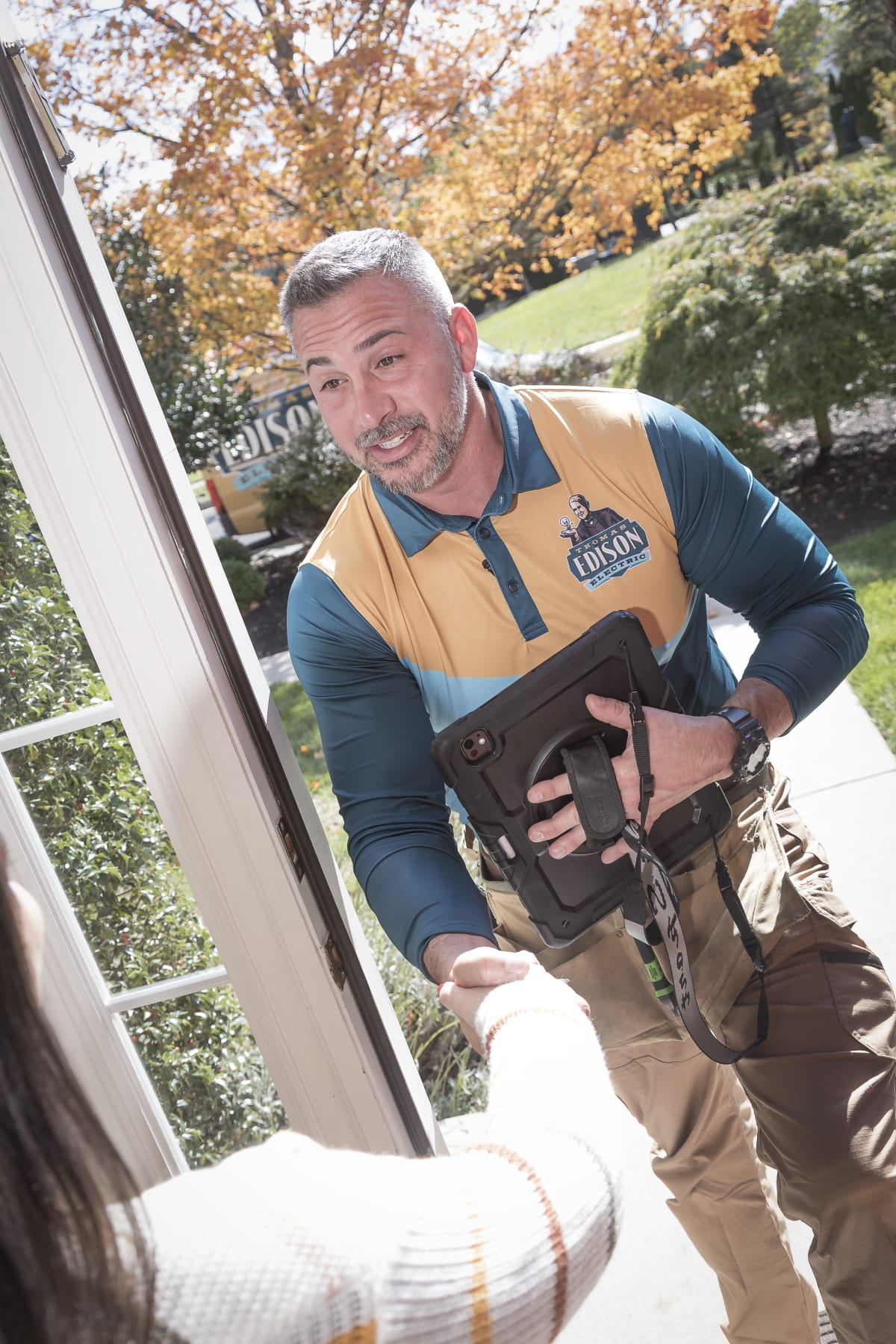 Thomas Edison Electric electrician: Mike V Front Door with Client in Clifton Heights