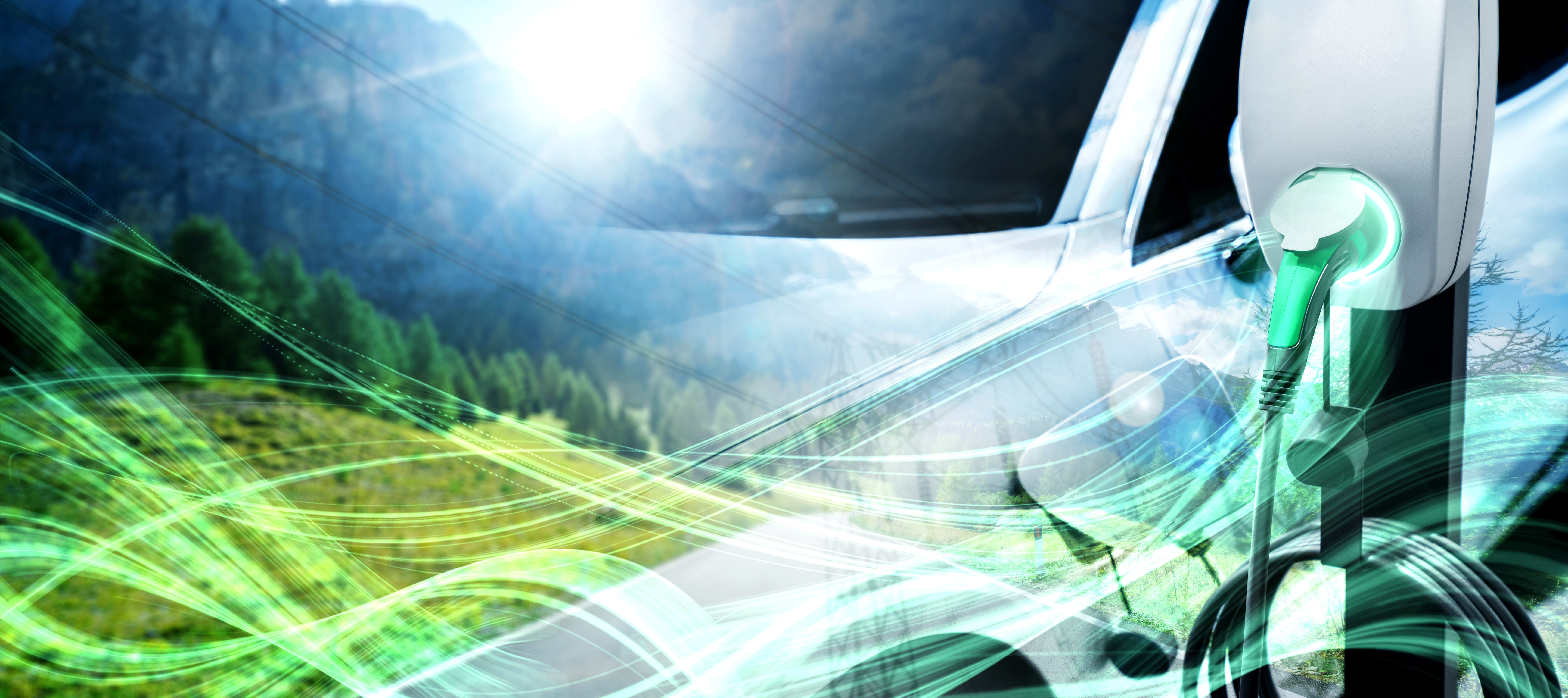 EV with charger and green swirls