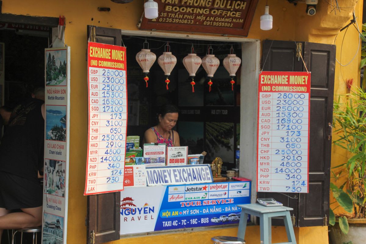 A travel agency counter with brochures