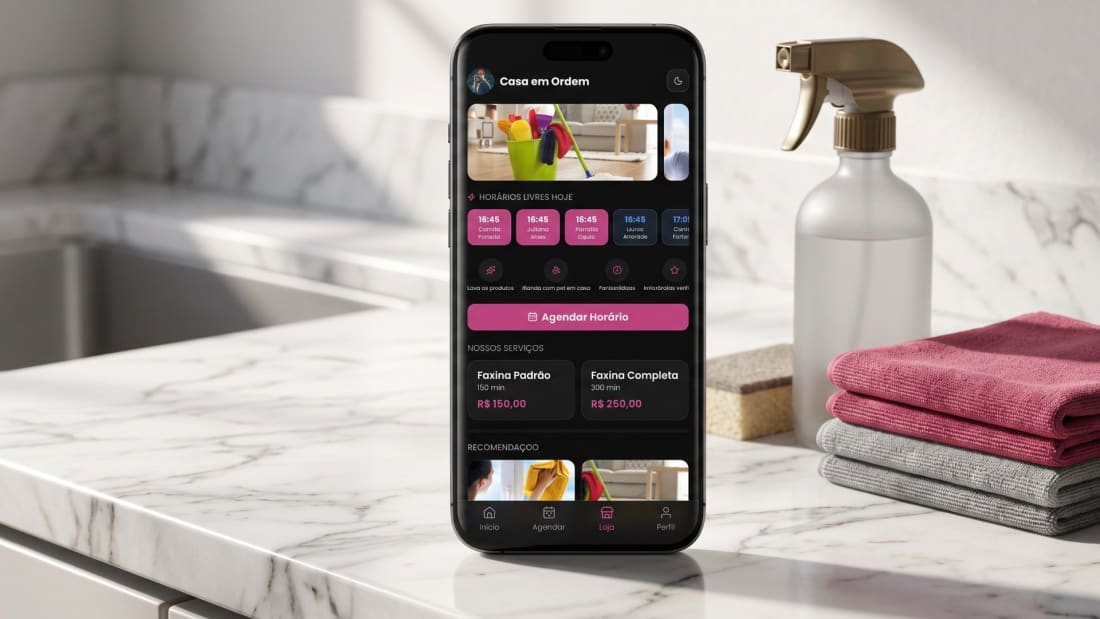App Casa em Ordem aberto no celular, ao lado de produtos de limpeza