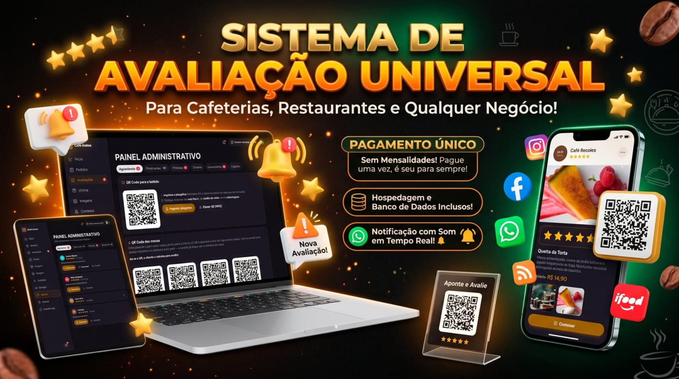 Sistema de Avaliação Universal no notebook, no tablet e no celular, com plaquinha de QR Code Aponte e Avalie e notificação de nova avaliação