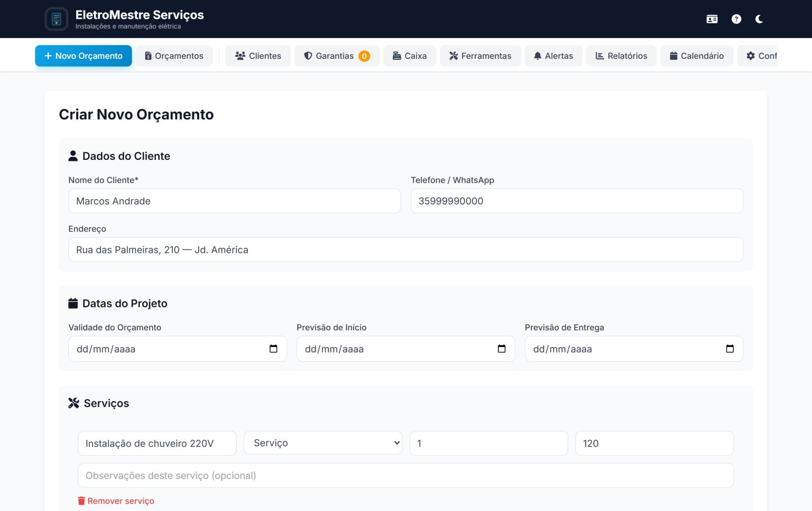 Sistema no computador: menu com Novo Orçamento, Orçamentos, Clientes, Garantias, Caixa, Ferramentas, Alertas, Relatórios e Calendário