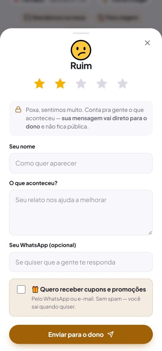 Cliente deu 2 estrelas: aviso de que a mensagem vai direto para o dono e não fica pública