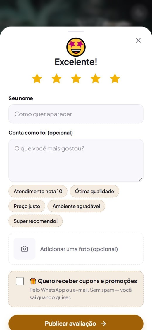 Cliente deu 5 estrelas: tela Excelente com nome, comentário, sugestões rápidas, foto e opção de receber cupons