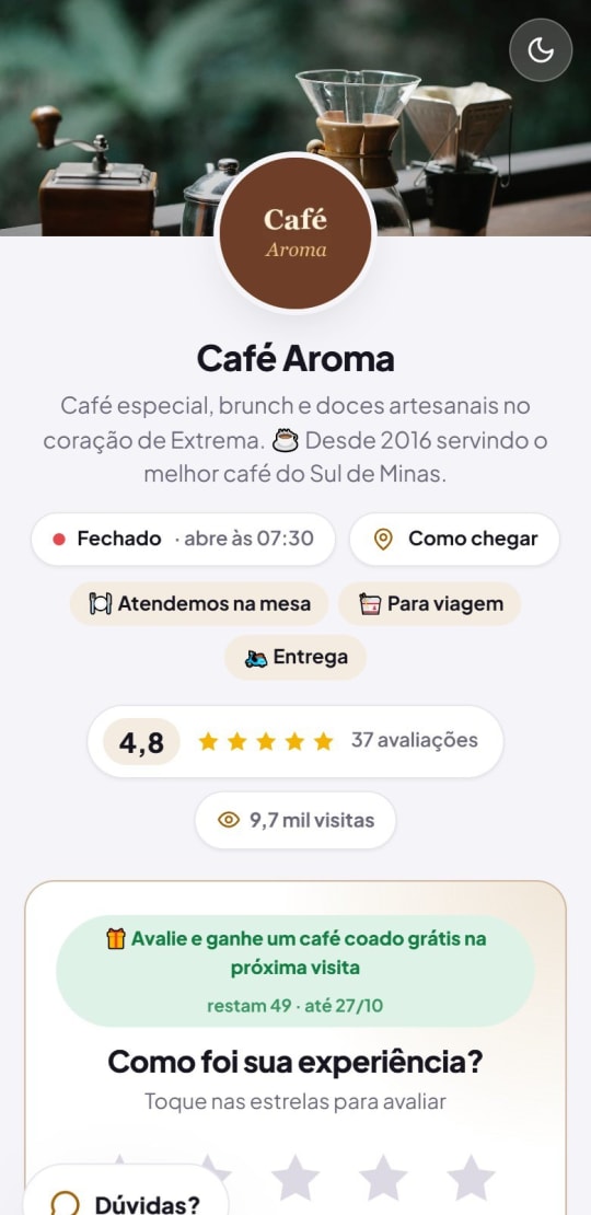 Página da cafeteria em tema claro