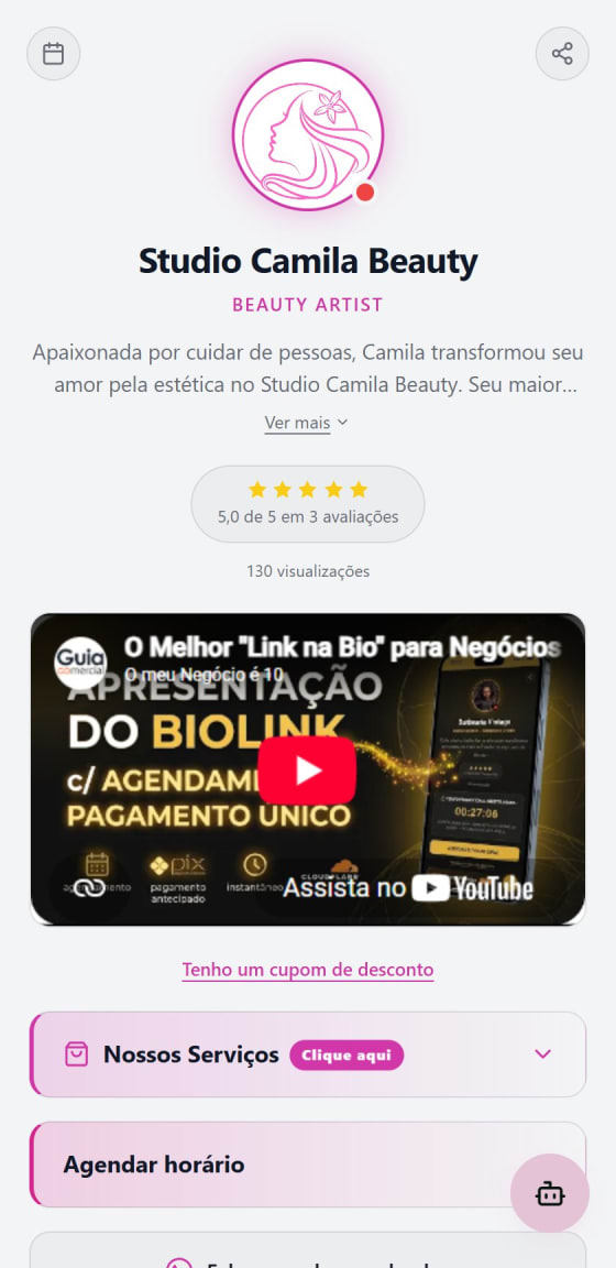BioLink de um estúdio de beleza em tema claro rosa