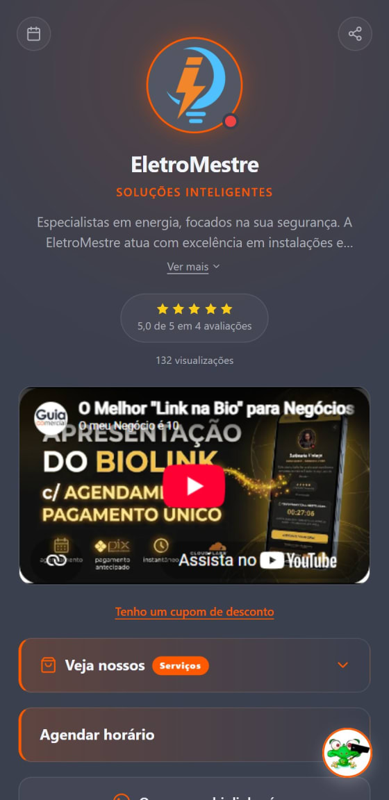 BioLink de uma empresa de eletricista em tema escuro laranja