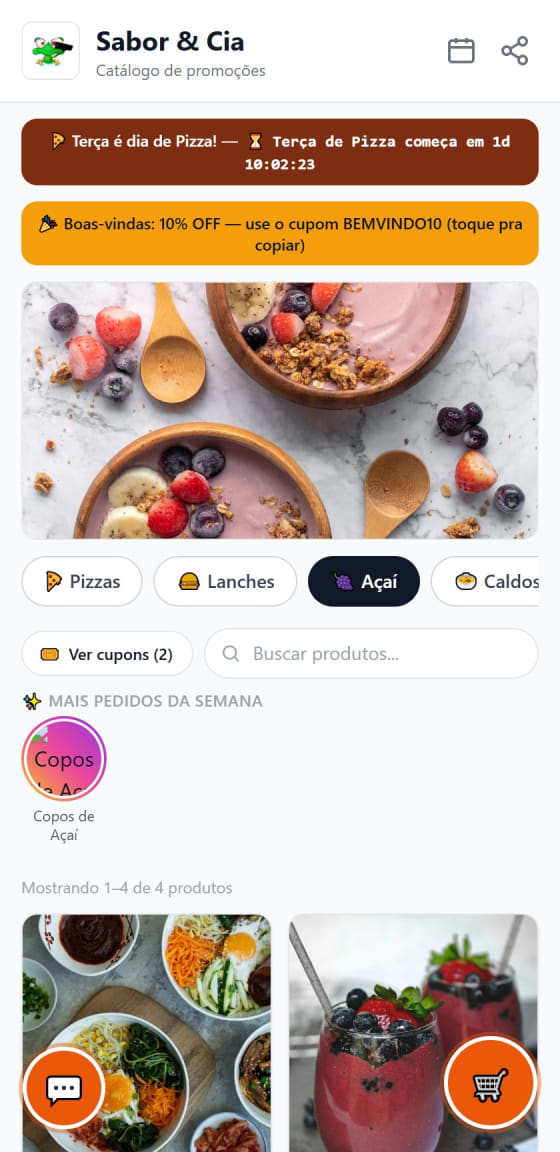 Módulo de açaí do cardápio