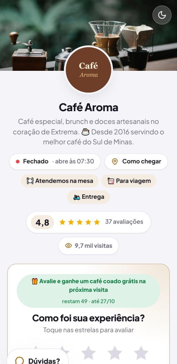 Página de uma cafeteria: capa, logo, horário, nota 4,8 com 37 avaliações e o quadro Como foi sua experiência com as estrelas para avaliar