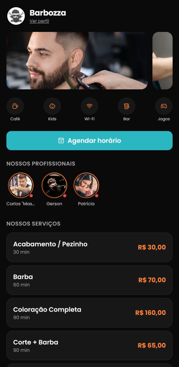 Tela inicial do app: logo da barbearia, banner, comodidades, botão Agendar horário e profissionais