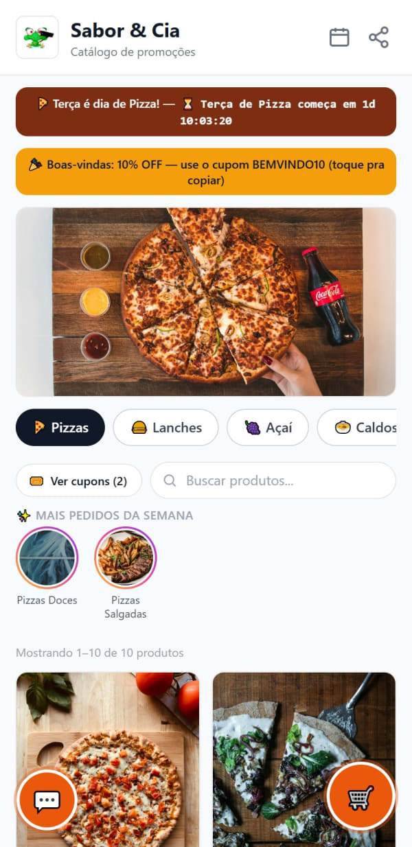 Cardápio digital de uma pizzaria: promoção com cronômetro, cupom de boas-vindas, abas Pizzas, Lanches, Açaí e Caldos e lista de pizzas com botão Montar