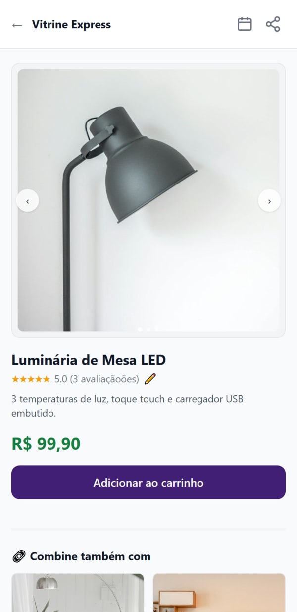 Página de produto do catálogo: galeria de fotos, nota 5 estrelas, descrição, preço e botão Adicionar ao carrinho