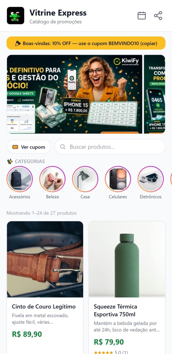 Catálogo digital de uma loja: cupom de boas-vindas, banner, busca, categorias em destaque e produtos com botão Adicionar
