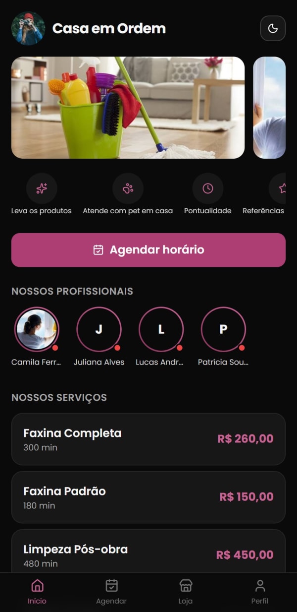 Tela inicial do app: banner, diferenciais como Leva os produtos e Atende com pet, botão Agendar horário, profissionais e serviços de faxina