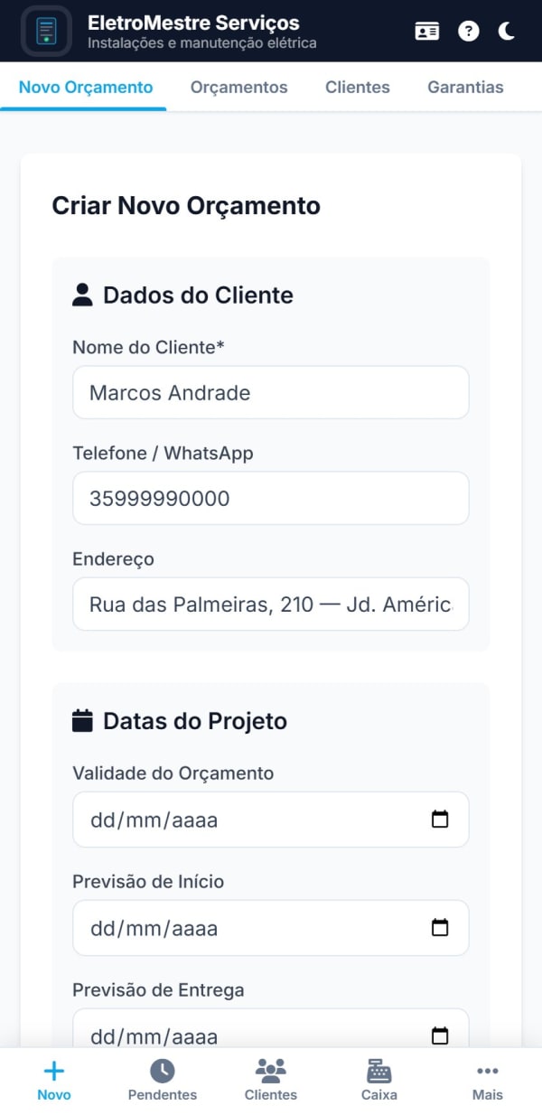 Tela de criar novo orçamento no celular: dados do cliente e datas do projeto