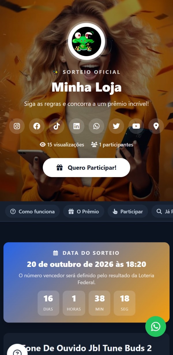 Página pública de um sorteio: logo da loja, redes sociais, contador de visualizações e botão Quero Participar