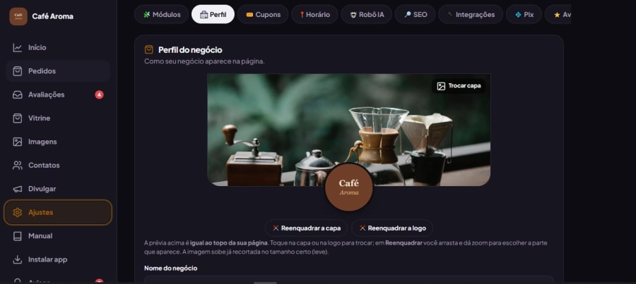 Ajustes do perfil do negócio com prévia da capa e da logo e botões para reenquadrar