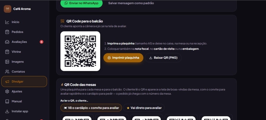 Tela Divulgar com QR Code para o balcão, botão Imprimir plaquinha e QR Code das mesas