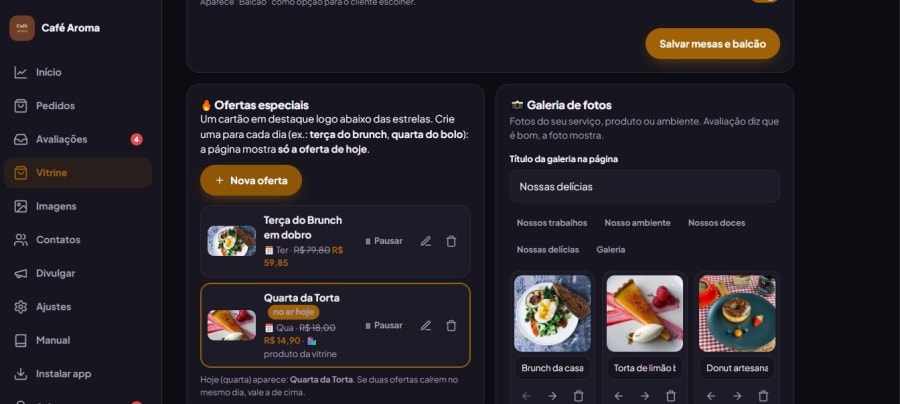 Tela Vitrine com ofertas especiais por dia da semana e galeria de fotos