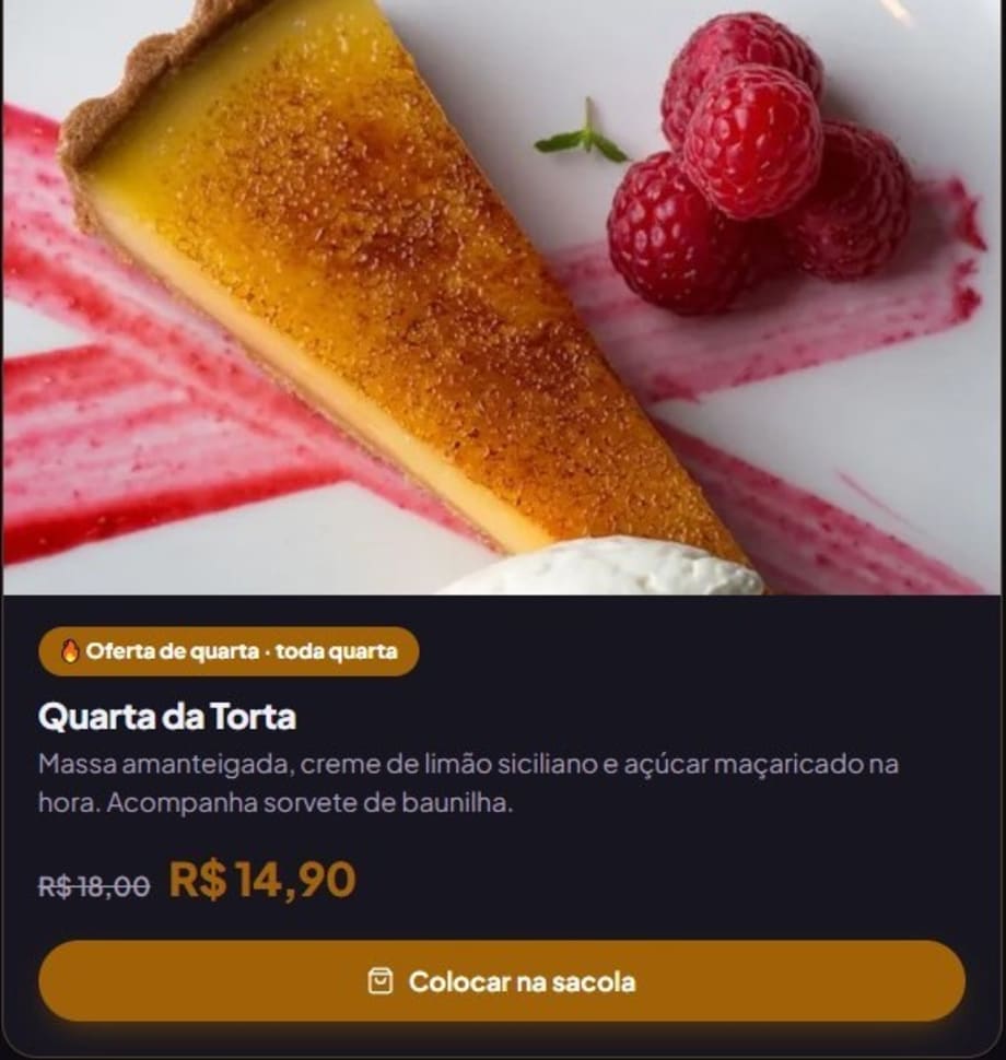 Cartão da oferta Quarta da Torta com foto, preço de R$ 18,00 por R$ 14,90 e botão Colocar na sacola