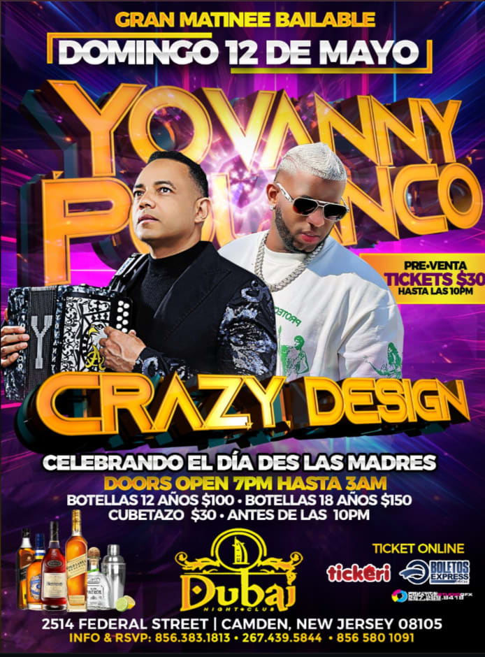 Event - GRAN MATINEE BAILABLE CON YOVANNY POLANCO CRAZY DESING EN VIVO ! - Camden, NJ - dom, 12 de mayo de 2024} | concert tickets