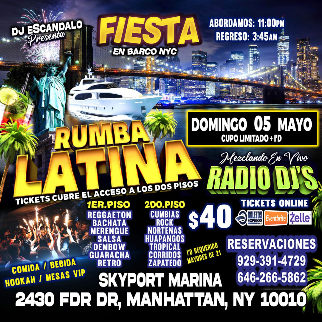 Event - LATIN BOAT PARTY + RADIO DJ'S + MANHATTAN NY - 5 MAYO - New York, NY - dom, 5 de mayo de 2024} | concert tickets