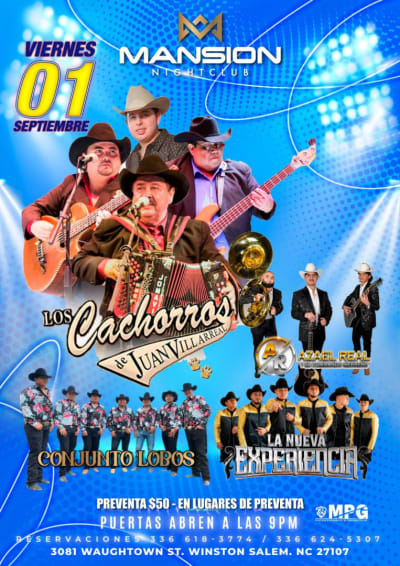 Event - LOS CACHORROS DE JUAN VILLARREAL , CONJUNTO LOBOS , LA NUEVA EXPERIENCIA , AZAEL REAL EN VIVO ! - Winston-Salem, North Carolina - 1 de septiembre de 2023 | concert tickets