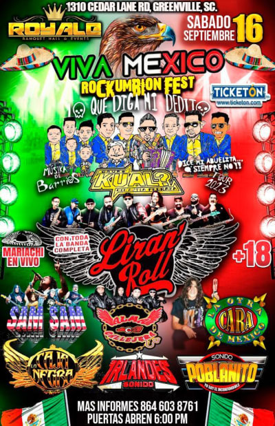 Event - GRUPO KUAL DINASTIA PEDRAZA , LIRAN' ROLL , SAM SAM , ALHA CALLEJERA , LA OTRA CARA DE MEXICO EN VIVO ! - Greenville, South Carolina - September 16, 2023 | concert tickets