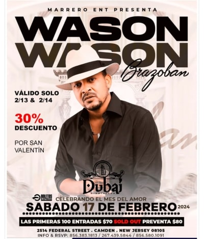 Event - WASON BRAZOBAN EN CONCIERTO ! - Camden, New Jersey - February 17, 2024 | concert tickets