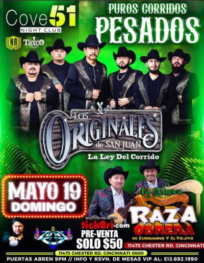 Event - LOS ORIGINALES DE SAN JUAN , LA NUEVA RAZA OBRERA EN VIVO ! - Cincinnati, Ohio - May 19, 2024 | concert tickets