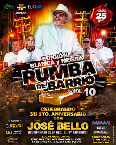 Event - JOSE BELLO y La Orquesta de Jey Zamorano / RUMBA DE BARRIO 5to Aniversario - Hialeah, Florida - May 25, 2024 | concert tickets