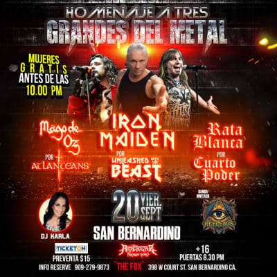 Event - Tributos en Vivo: Iron Maiden, Mägo de Oz y Rata Blanca - San Bernardino, CA - 20 de septiembre de 2024 | concert tickets