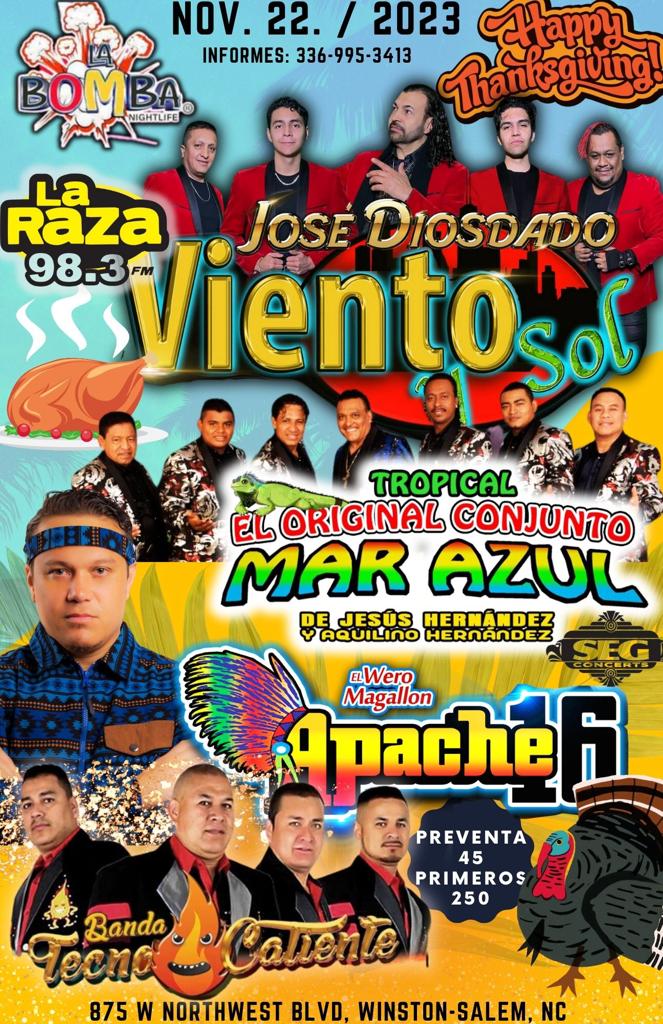 Event - Baile de Thanksgiving - Viento y Sol, Apache 16 en Winston-Salem, NC - Winston-Salem, North Carolina - November 22, 2023 | concert tickets