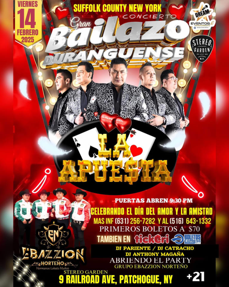 Event - Grupo la Apuesta en Concierto , viernes 14 Feb, Suffolk County NY,9 Railroad Rd , Patchogue  - Patchogue, New York - February 14, 2025 | concert tickets