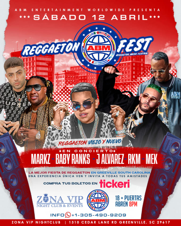 Event - REGGAETON FEST - J ALVAREZ - RKM - BABY RANKS - MARKZ - MEK - GREENVILLE, SC - ZONA VIP NIGHTCLUB - SABADO ABRIL 12, 2025 - EN CONCIERTO - TICKETS DISPONIBLE YA!!! - Greenville, South Carolina - April 12, 2025 | concert tickets