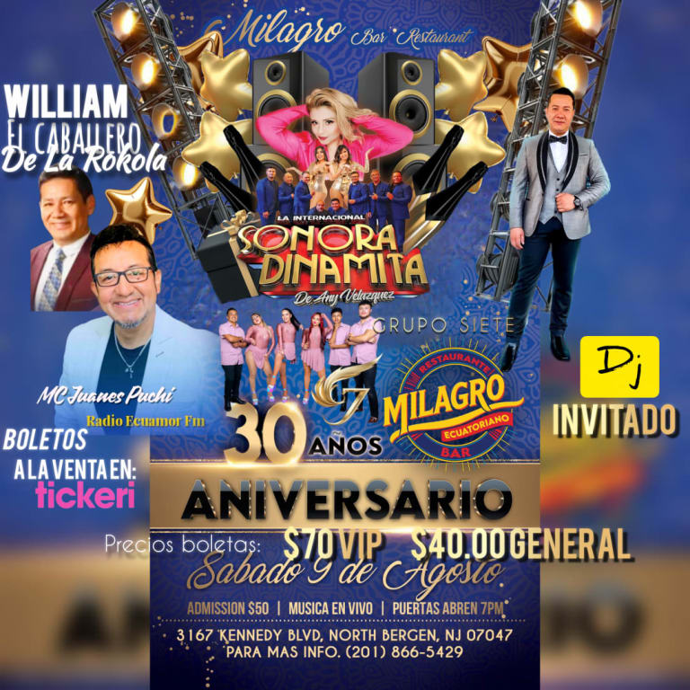 Event - Gran Festón con la Sonora Dinamita ¡Celebrando el 30.º Aniversario de Milagro Bar Restaurante! - North Bergen, New Jersey - August 9, 2025 | concert tickets