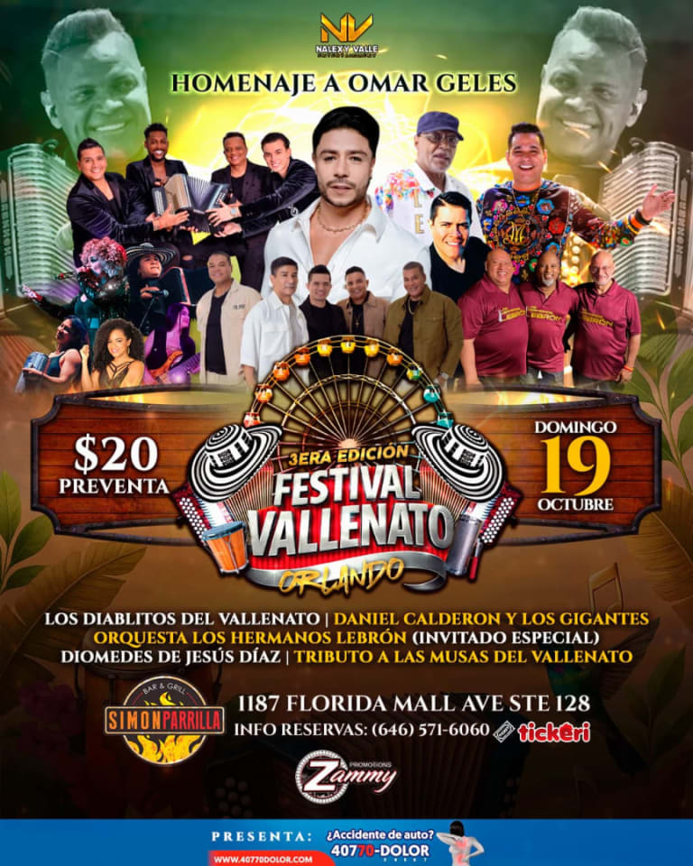 Event - FESTIVAL VALLENATO ORLANDO 3RA EDICION EN SIMON PARRILLA ORLANDO HOMENAJE A OMAR GELES  - Orlando, FL - Sun, October 19, 2025} | concert tickets
