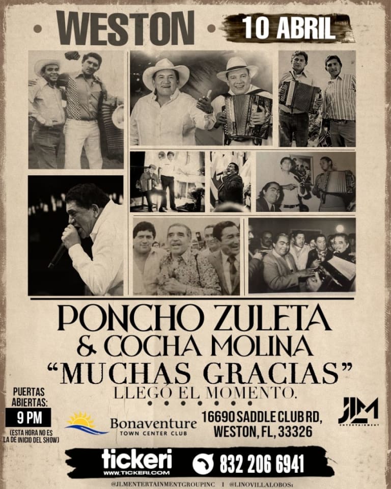Event - Poncho Zuleta & Cocha Molina en Weston - Weston, Florida - April 10, 2026 | concert tickets