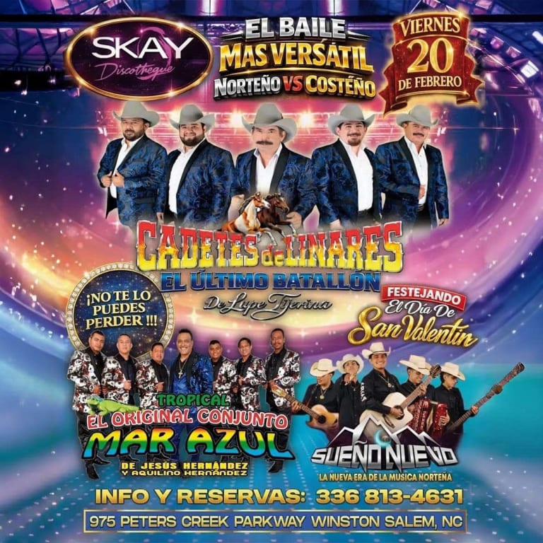 Event - CADETES DE LINARES Y CONJUNTO MAR AZUL EN SKAY DISCOTHEQUE - Winston-Salem, NC - Fri, February 20, 2026} | concert tickets