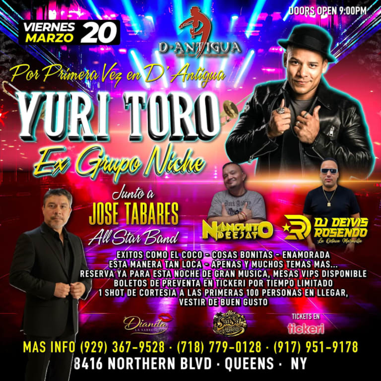 Event - Yuri Toro ex vocalista Grupo Niche en vivo - jackson heights, NY - Fri, March 20, 2026} | concert tickets