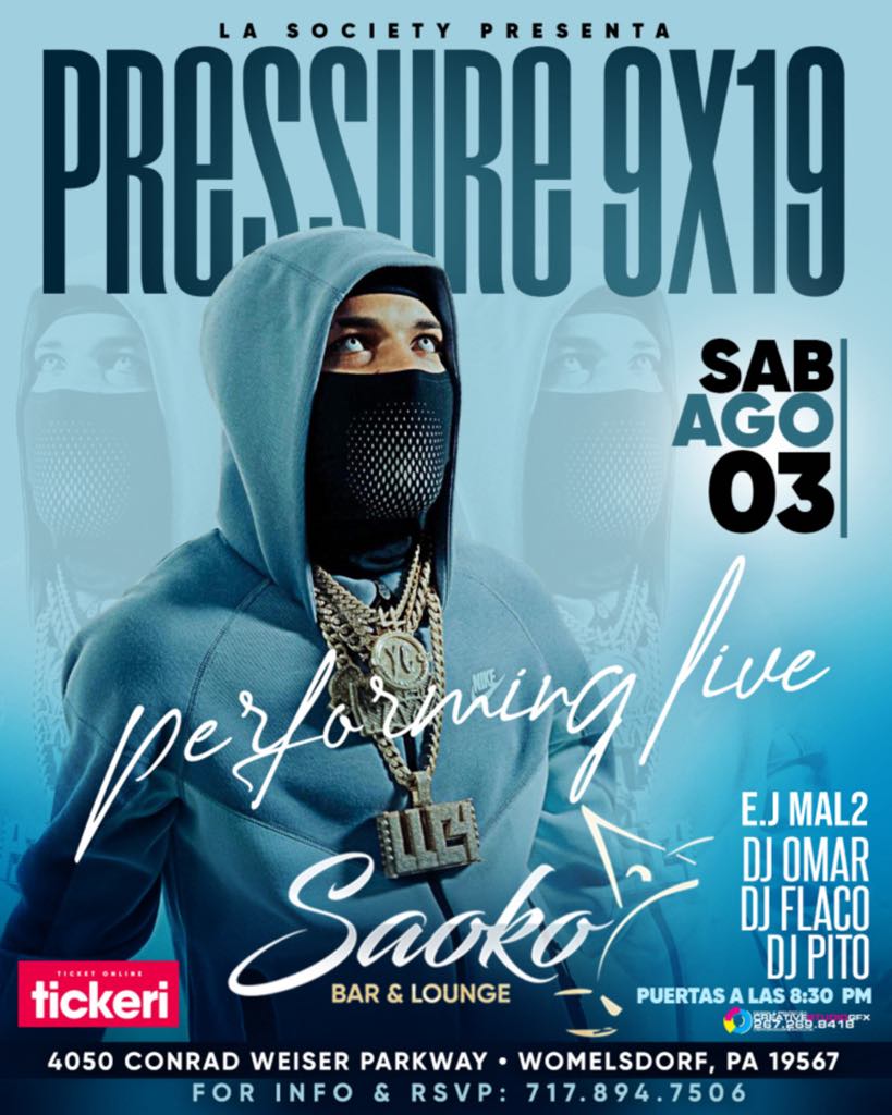 Pressure 9x19 in Womelsdorf - Tickets 2024-08-03 | Saoko Bar & Lounge