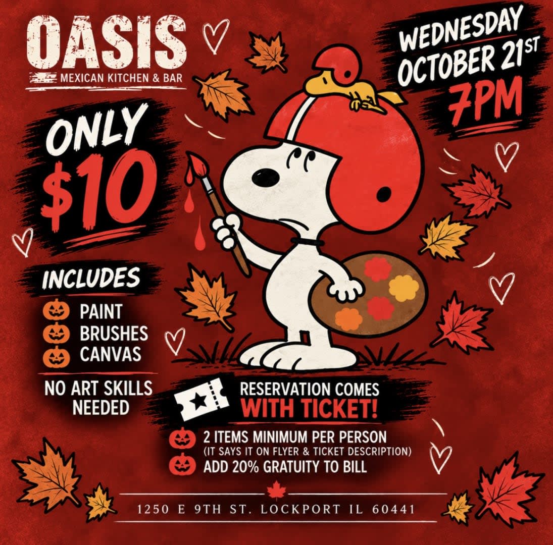 SNOOPY　シルクスクリーン Snoopy Fall Paint & Sip in Lockport - Tickets 2026-10-21 | Oasis