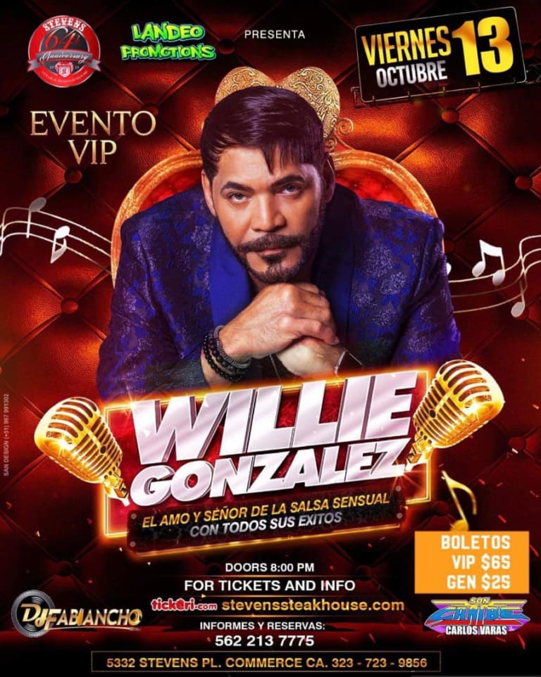 Event - WILLIE GONZALEZ EN CONCIERTO ! - Commerce, California - October 13, 2023 | concert tickets