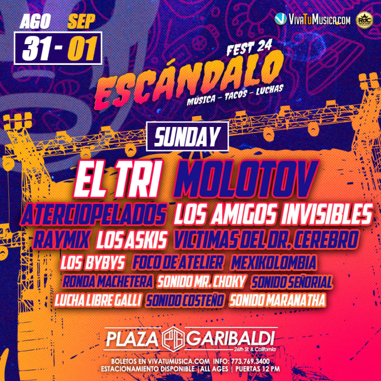 Event - ESCANDALO FEST 2024 - DOMINGO con El Tri, Molotov, Aterciopelados, Los Amigos Invisibles y mucho mas! - Chicago, Illinois - 1 de septiembre de 2024 | concert tickets