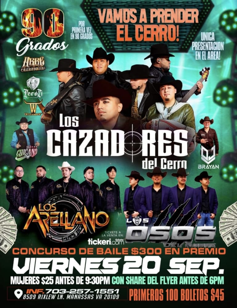 Event - LOS CAZADORES DEL CERRO, LOS ARELLANO, LOS OSOS DEL NORTE EN VIVO @ 90 GRADOS NIGHTCLUB, MANASSAS, VA - Manassas, Virginia - 20 de septiembre de 2024 | concert tickets
